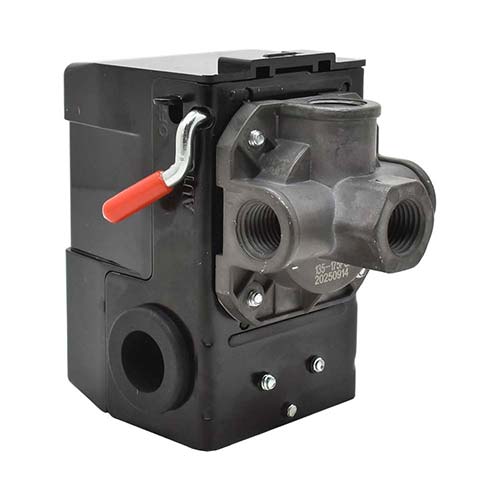 Interstate Pneumatics LF10A-4H Pressure Switch - 135-175 PSI 26 Amp Four Port 1/4 NPT Female, 6.4 mm Vertical Brass Unloader Valve With On – Off Lever